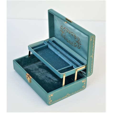 Vintage Metal Jewelry Box Lined Turquoise Blue Green 